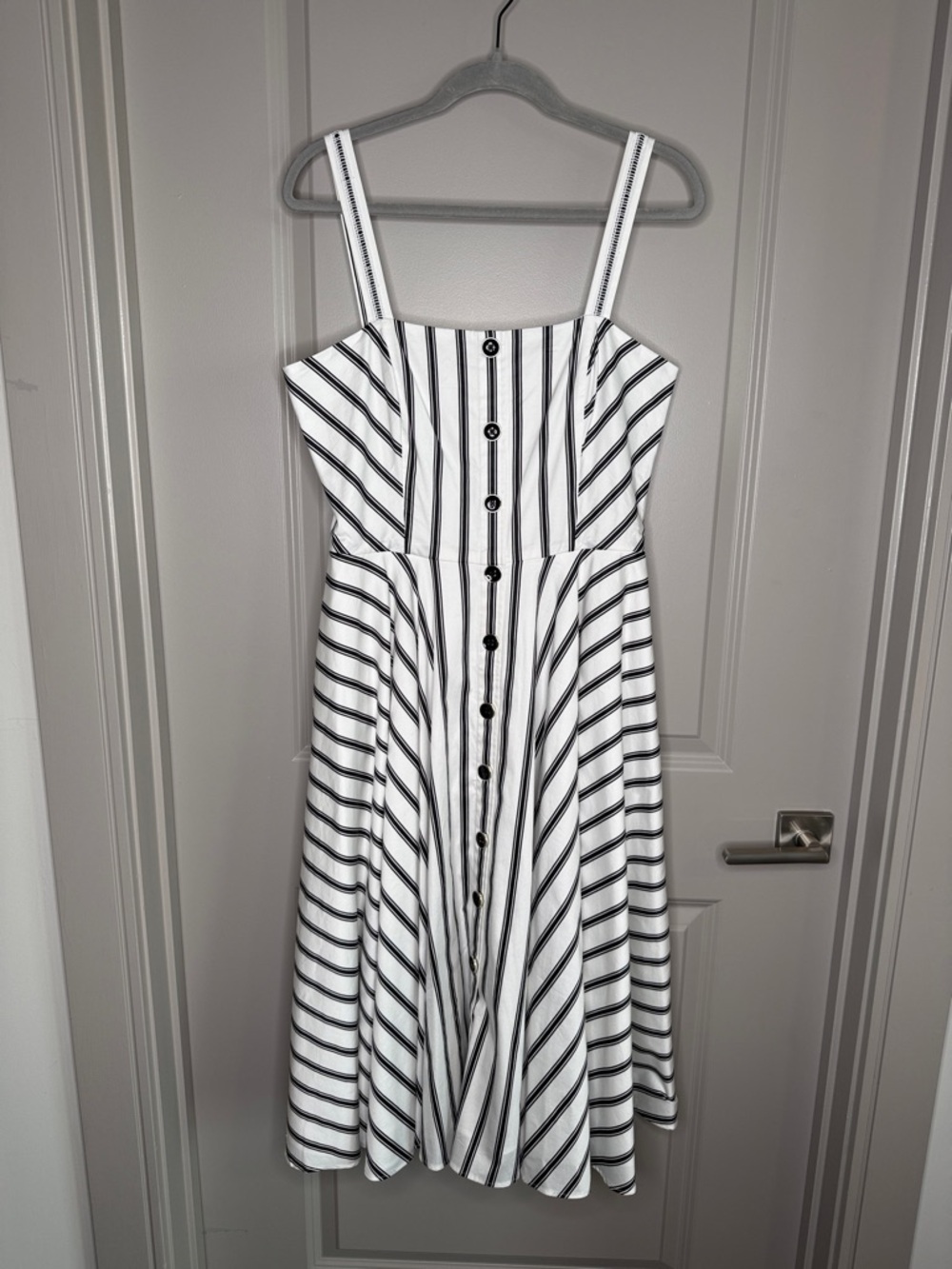 White House Black Market Black and White Striped Button Sundress